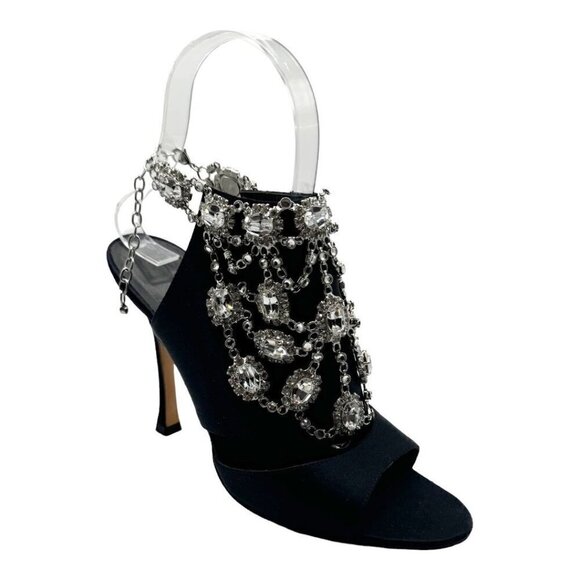 Manolo Blahnik Satin Crystal Embellished Sandal Heels - Picture 1 of 13